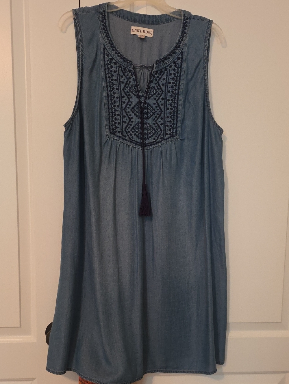 Knox Rose Blue Chambray Sleeveless Tunic with Navy Embroidery